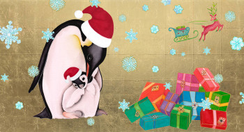 mother penguin baby gold back with gifts